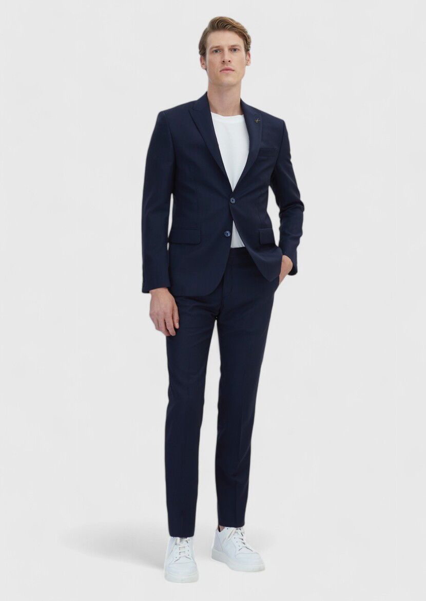 Lacivert Çizgili Modern Fit %100 Yün Takım Elbise - 2