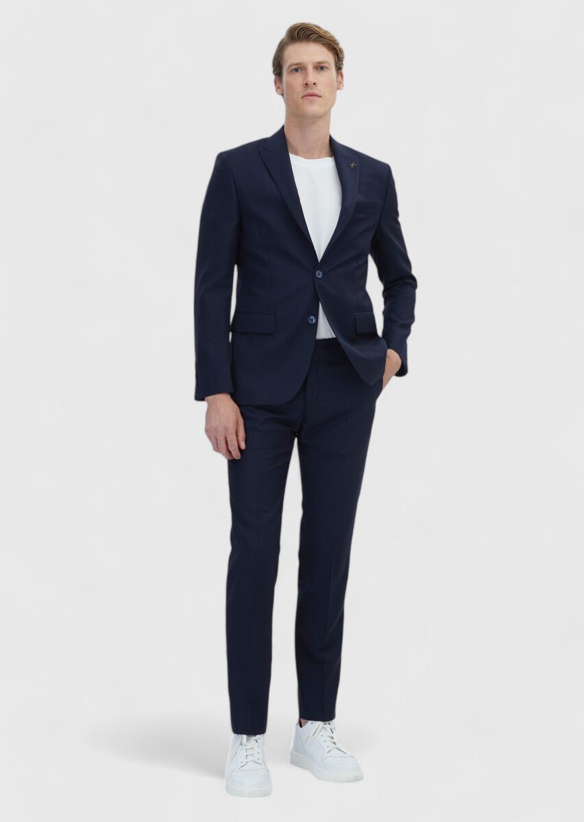 Lacivert Çizgili Modern Fit %100 Yün Takım Elbise - 2