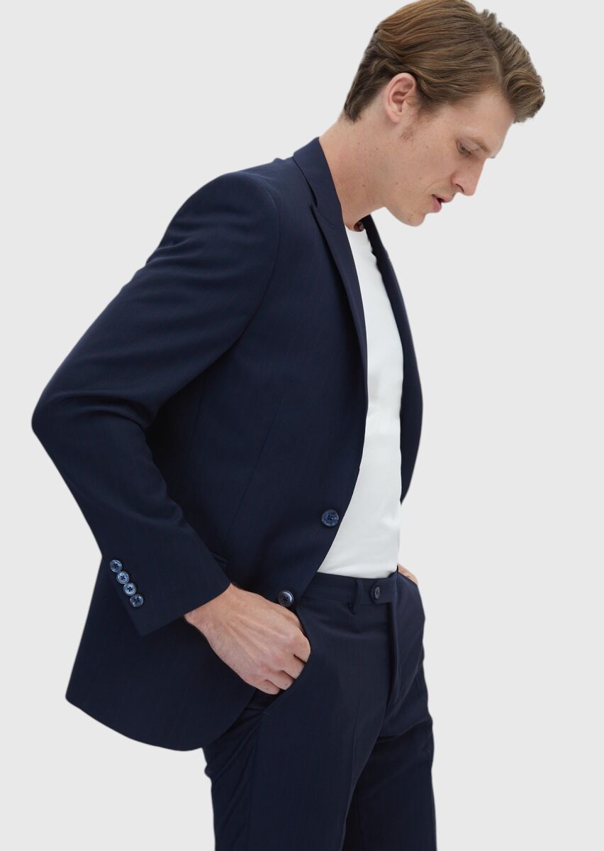 Lacivert Çizgili Modern Fit %100 Yün Takım Elbise - 3