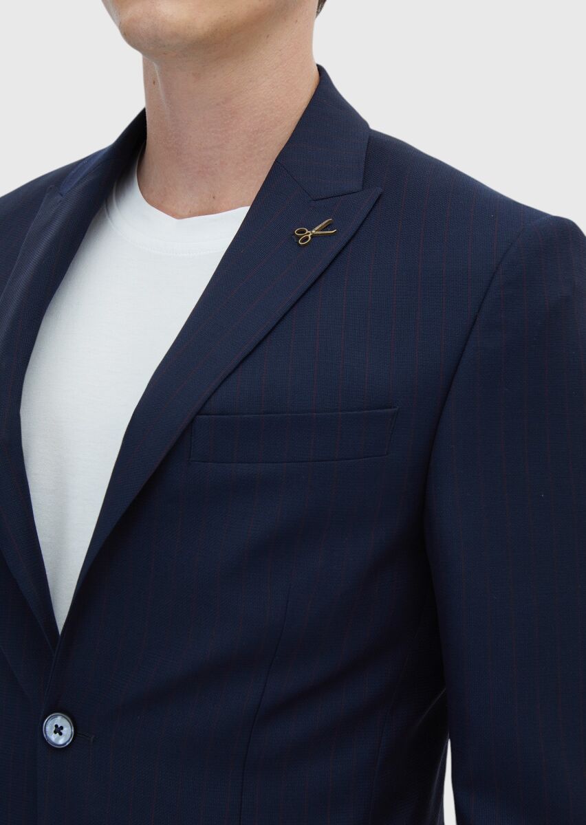 Lacivert Çizgili Modern Fit %100 Yün Takım Elbise - 4