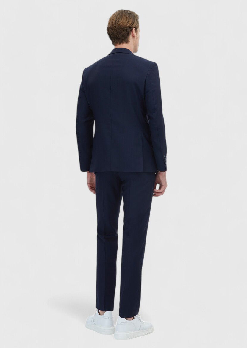 Lacivert Çizgili Modern Fit %100 Yün Takım Elbise - 5