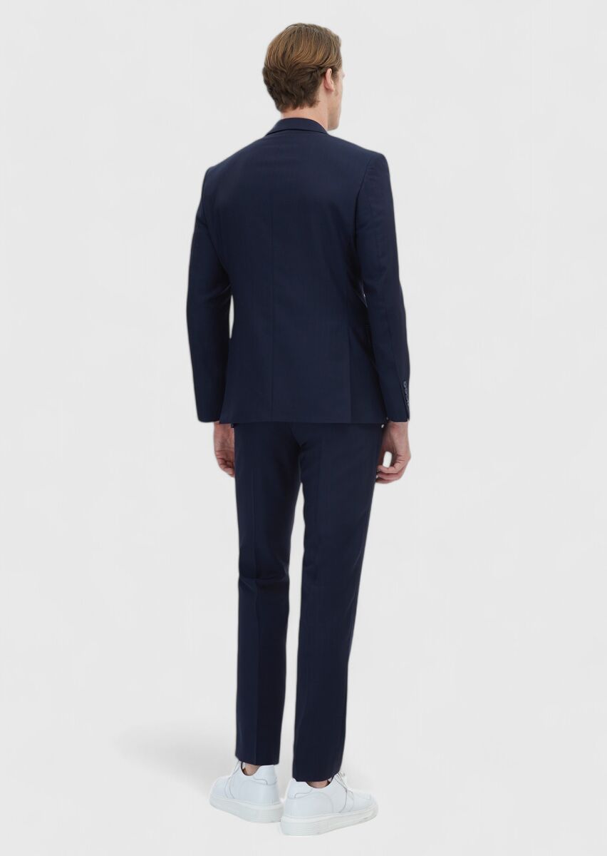 Lacivert Çizgili Modern Fit %100 Yün Takım Elbise - 5