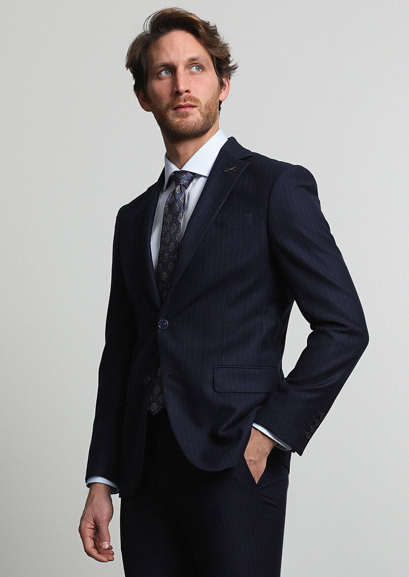 Lacivert Çizgili Modern Fit Yün Karışımlı Takım Elbise - 1