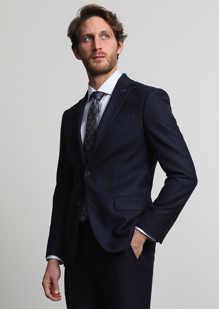 Lacivert Çizgili Modern Fit Yün Karışımlı Takım Elbise - 1