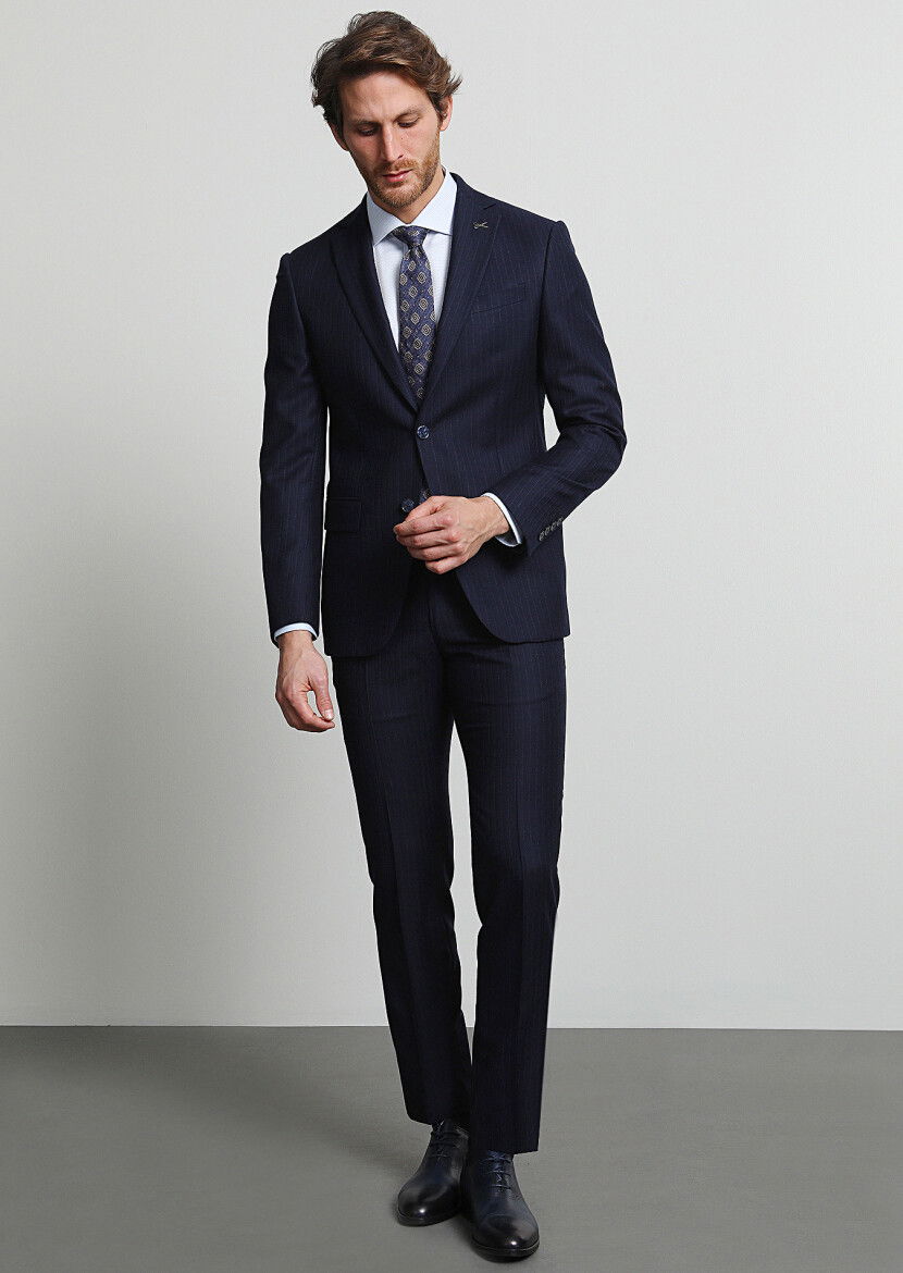 Lacivert Çizgili Modern Fit Yün Karışımlı Takım Elbise - 3