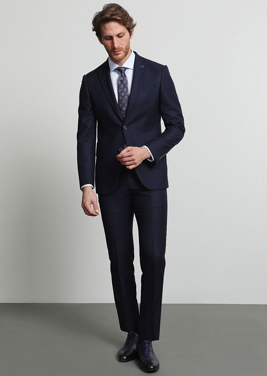 Lacivert Çizgili Modern Fit Yün Karışımlı Takım Elbise - 3