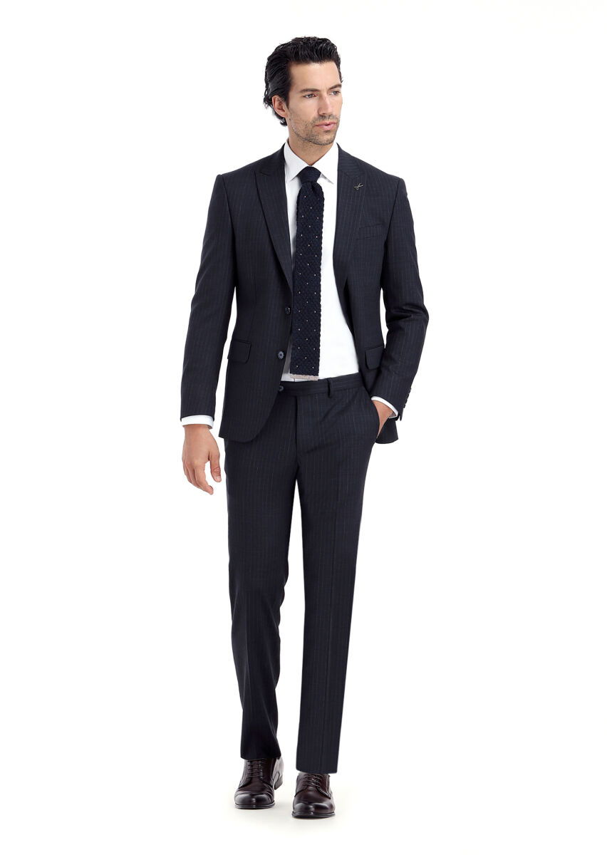 Lacivert Çizgili Modern Fit Yün Karışımlı Takım Elbise - 1