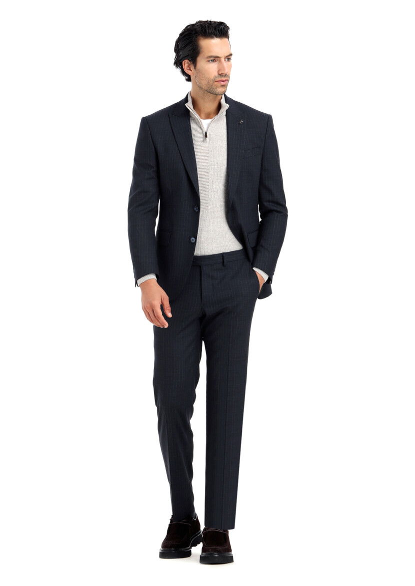 Lacivert Çizgili Modern Fit Yün Karışımlı Takım Elbise - 2