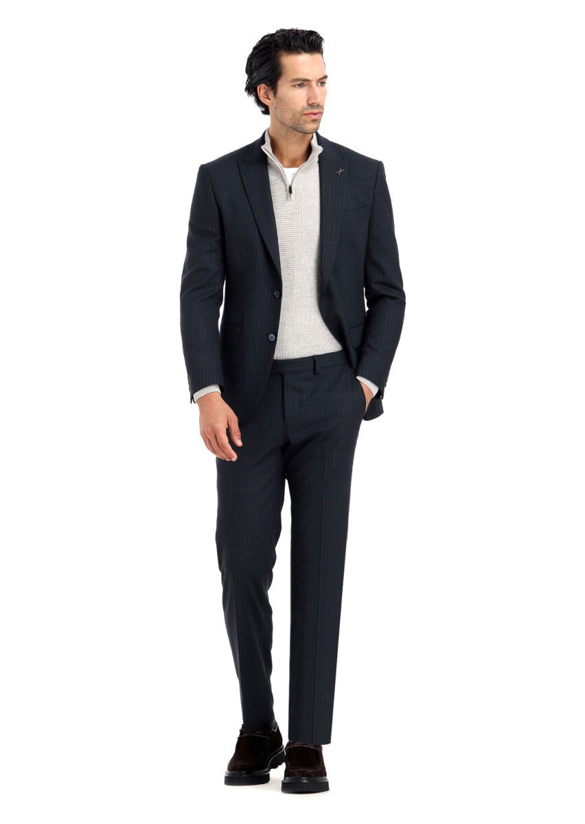 Lacivert Çizgili Modern Fit Yün Karışımlı Takım Elbise - 2