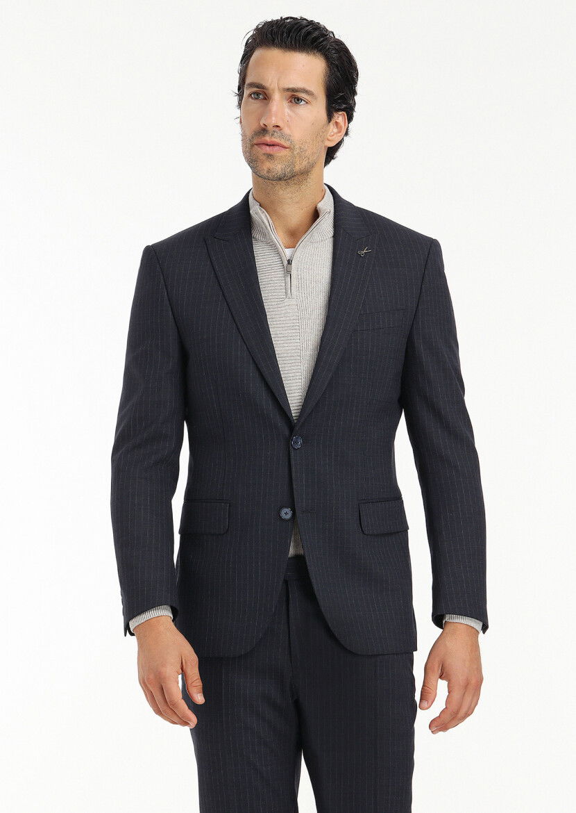 Lacivert Çizgili Modern Fit Yün Karışımlı Takım Elbise - 4