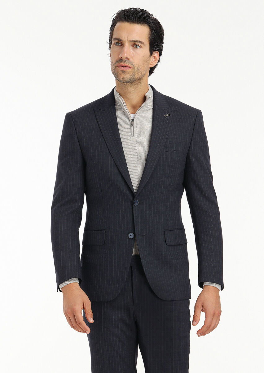 Lacivert Çizgili Modern Fit Yün Karışımlı Takım Elbise - 4