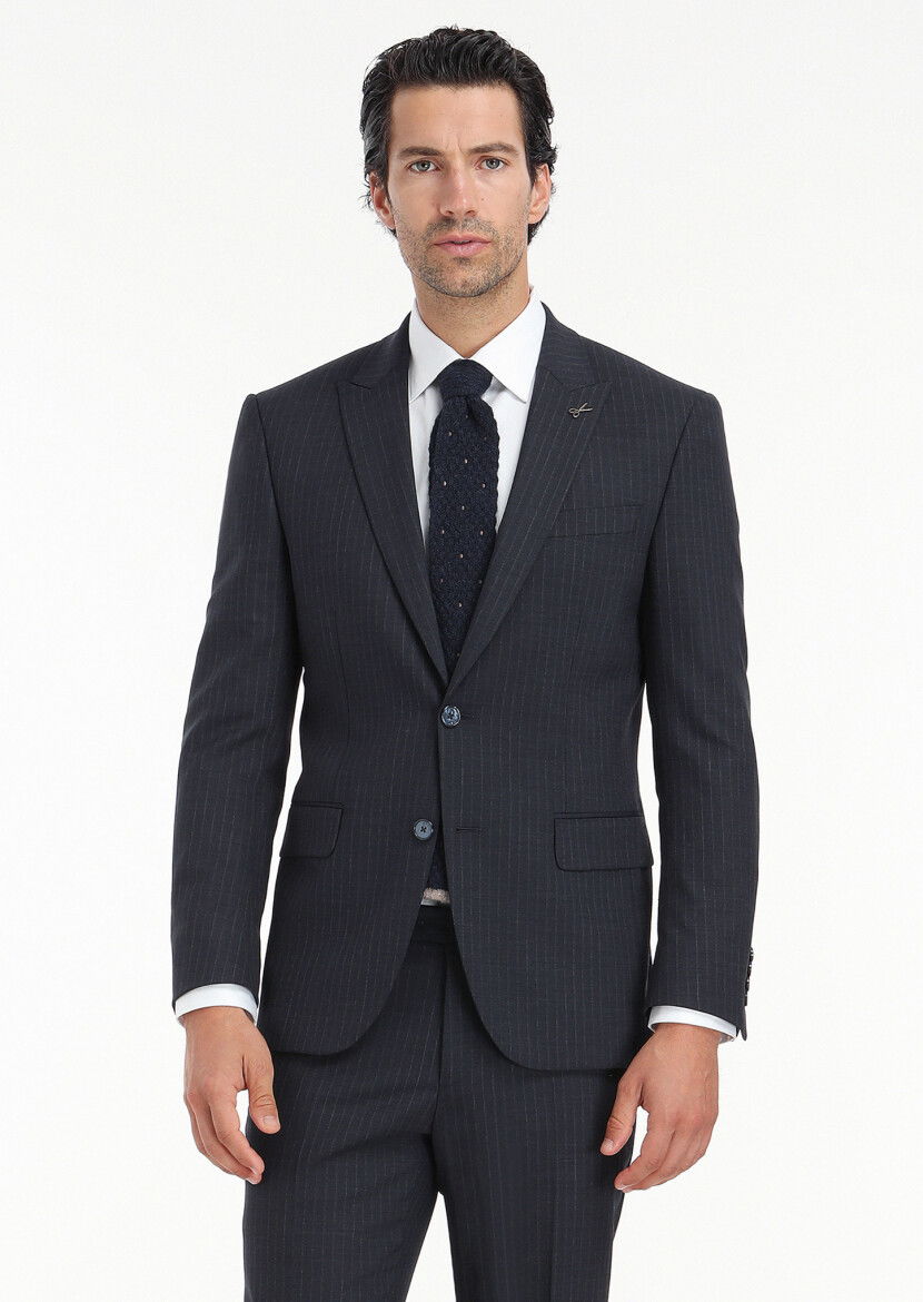 Lacivert Çizgili Modern Fit Yün Karışımlı Takım Elbise - 6