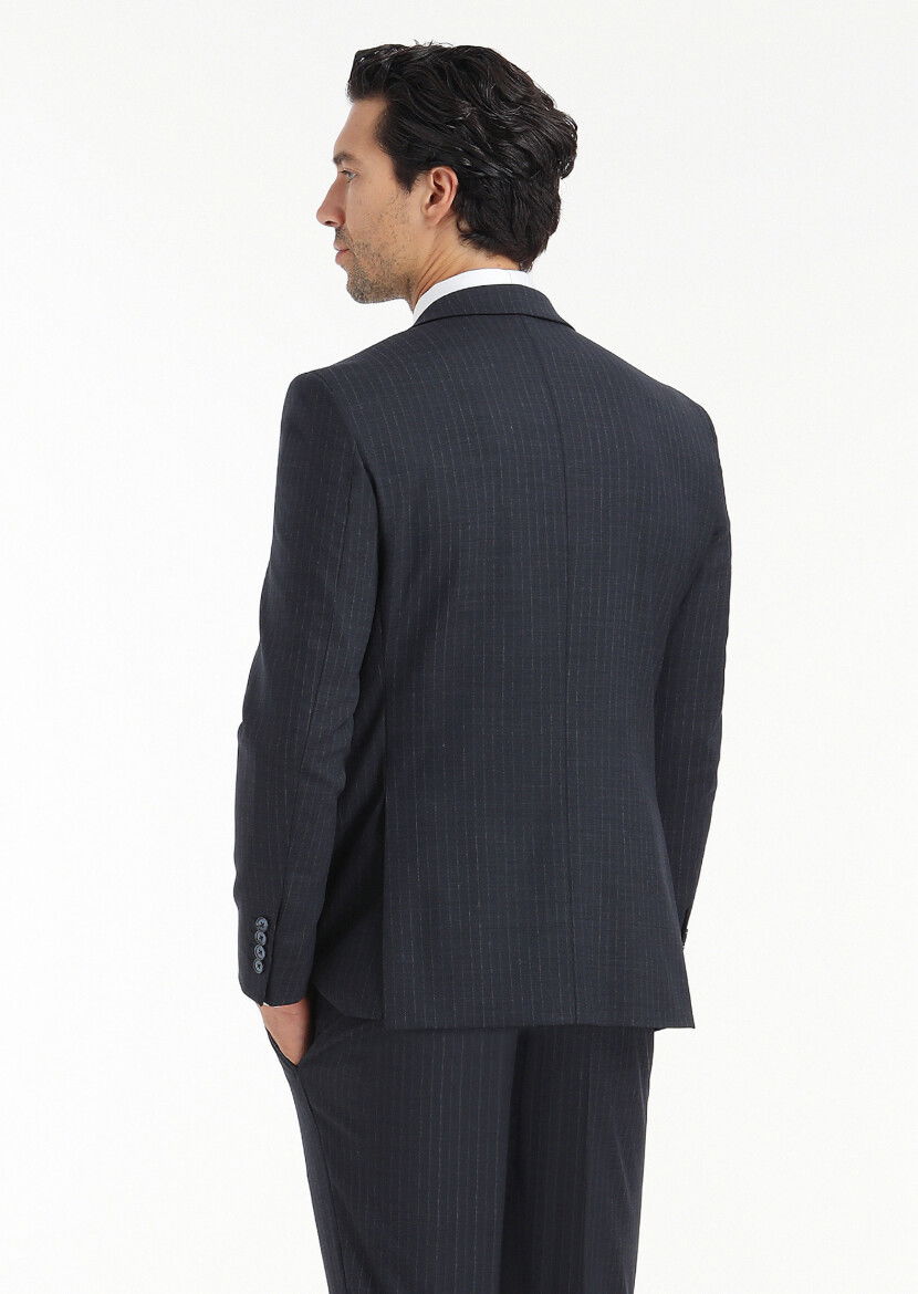 Lacivert Çizgili Modern Fit Yün Karışımlı Takım Elbise - 7