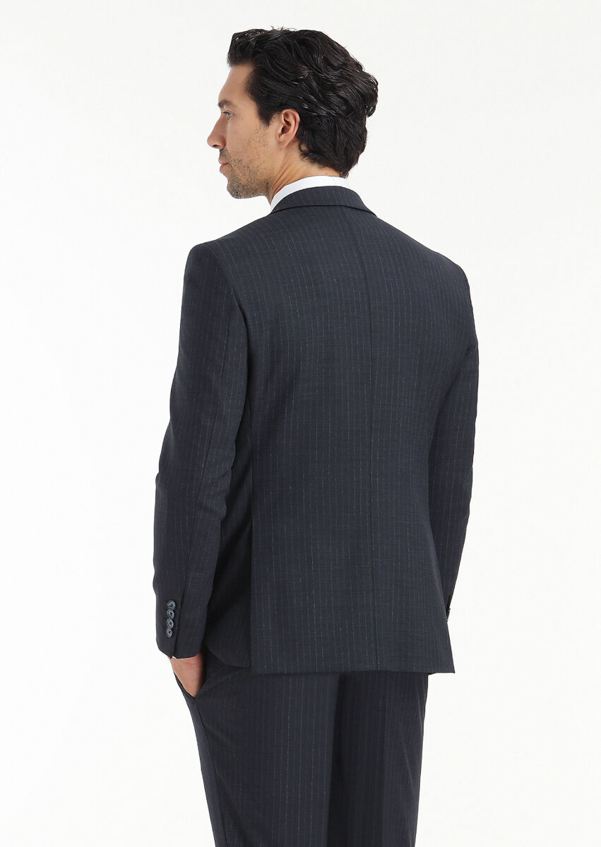 Lacivert Çizgili Modern Fit Yün Karışımlı Takım Elbise - 7
