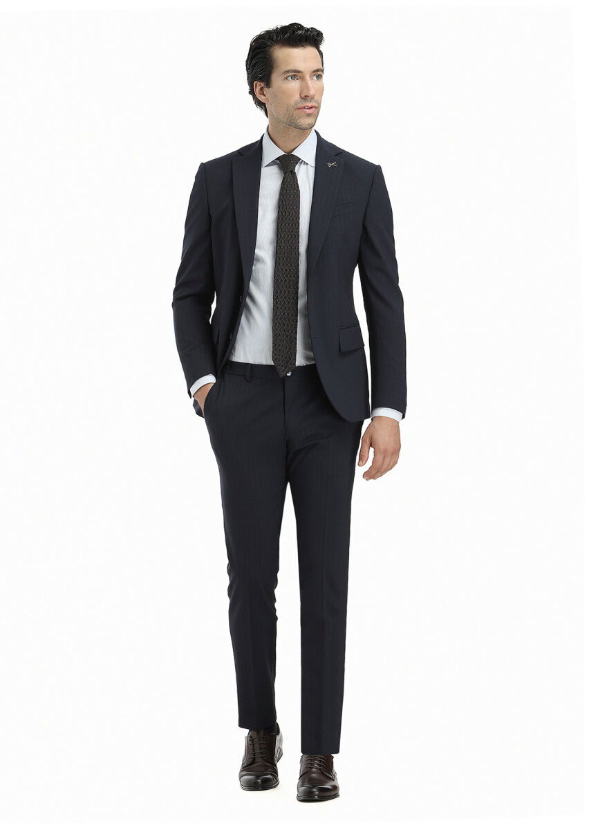 Lacivert Çizgili Modern Fit Yün Karışımlı Takım Elbise - 1