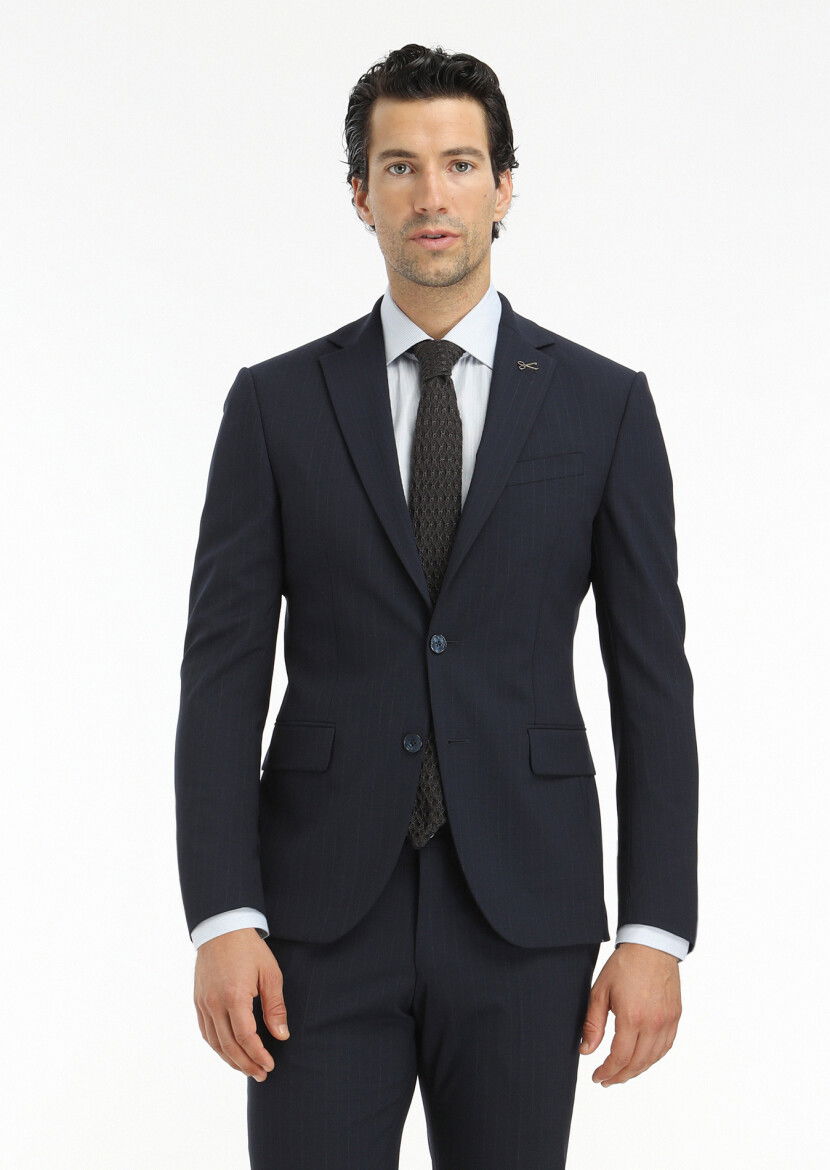 Lacivert Çizgili Modern Fit Yün Karışımlı Takım Elbise - 2