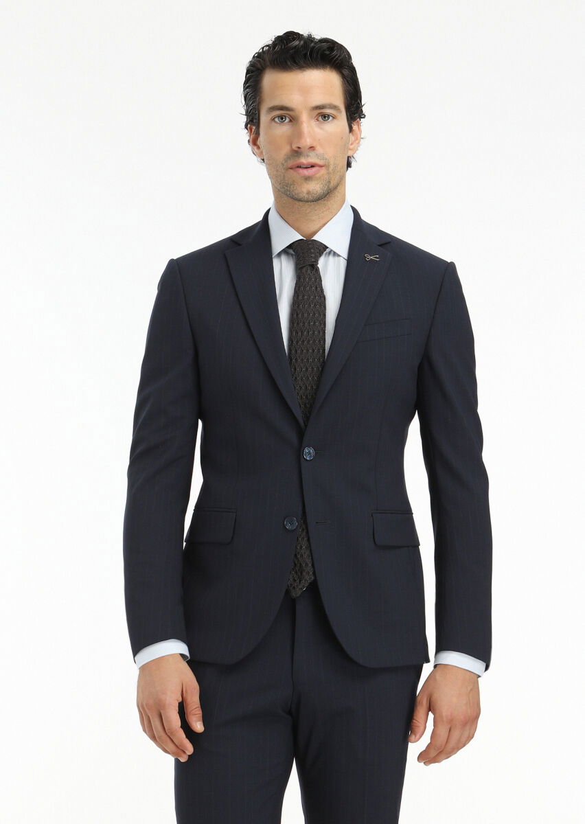Lacivert Çizgili Modern Fit Yün Karışımlı Takım Elbise - 2