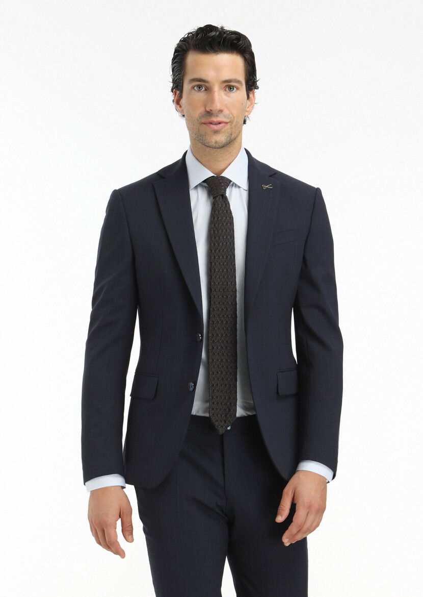 Lacivert Çizgili Modern Fit Yün Karışımlı Takım Elbise - 3