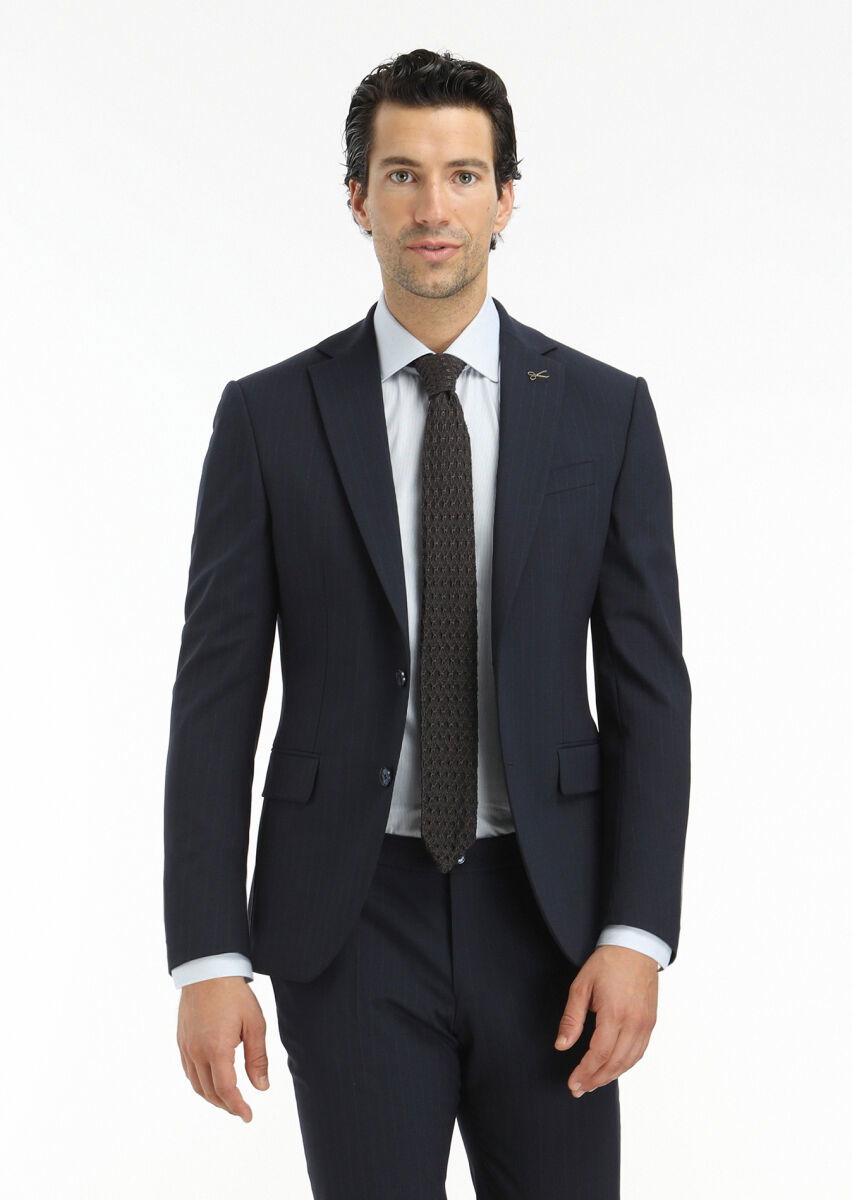Lacivert Çizgili Modern Fit Yün Karışımlı Takım Elbise - 3