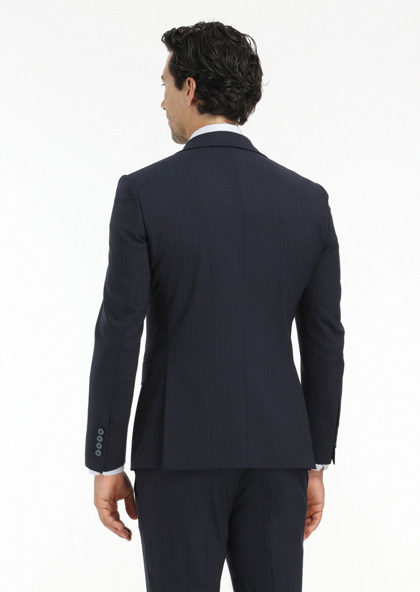 Lacivert Çizgili Modern Fit Yün Karışımlı Takım Elbise - 8