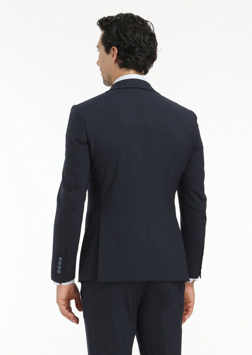 Lacivert Çizgili Modern Fit Yün Karışımlı Takım Elbise - 8