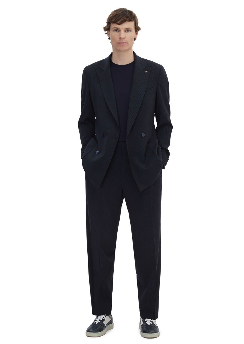 Lacivert Çizgili Oversize Fit Yün Karışımlı Takım Elbise - 3