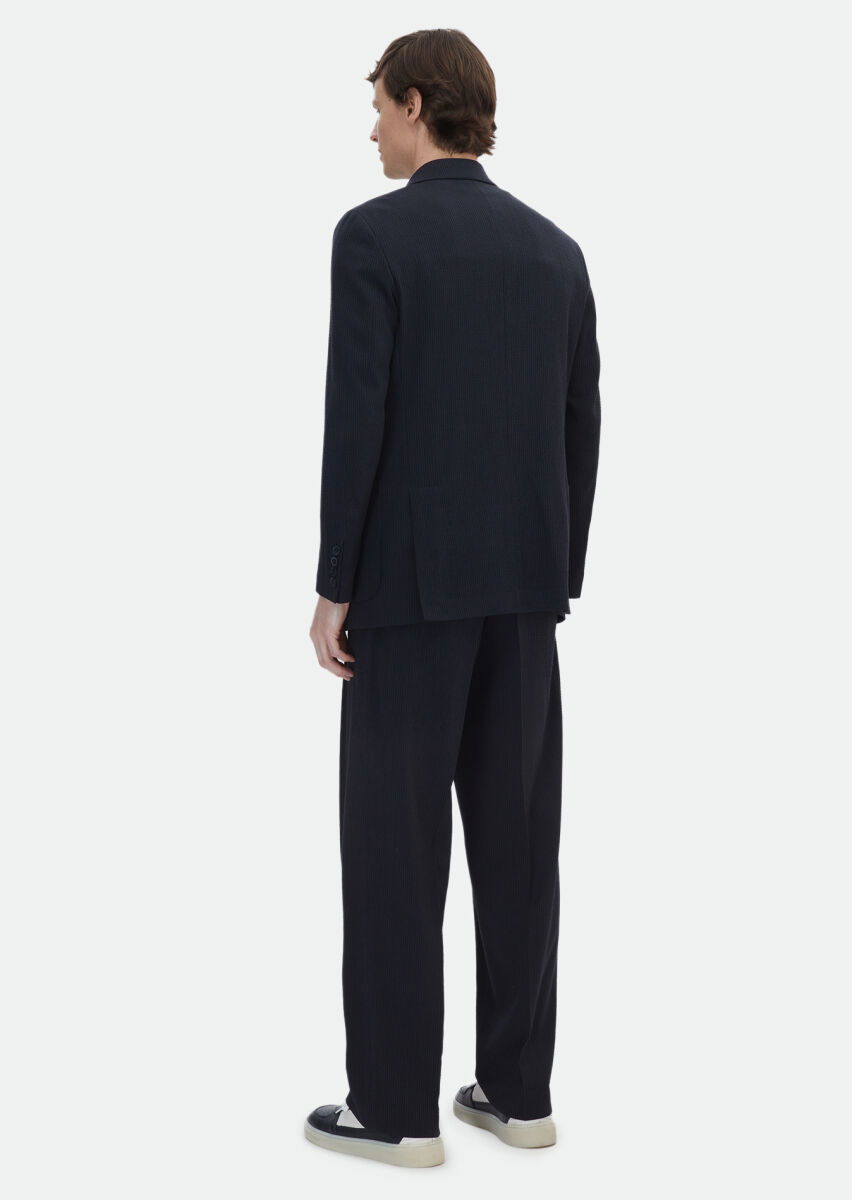 Lacivert Çizgili Oversize Fit Yün Karışımlı Takım Elbise - 6