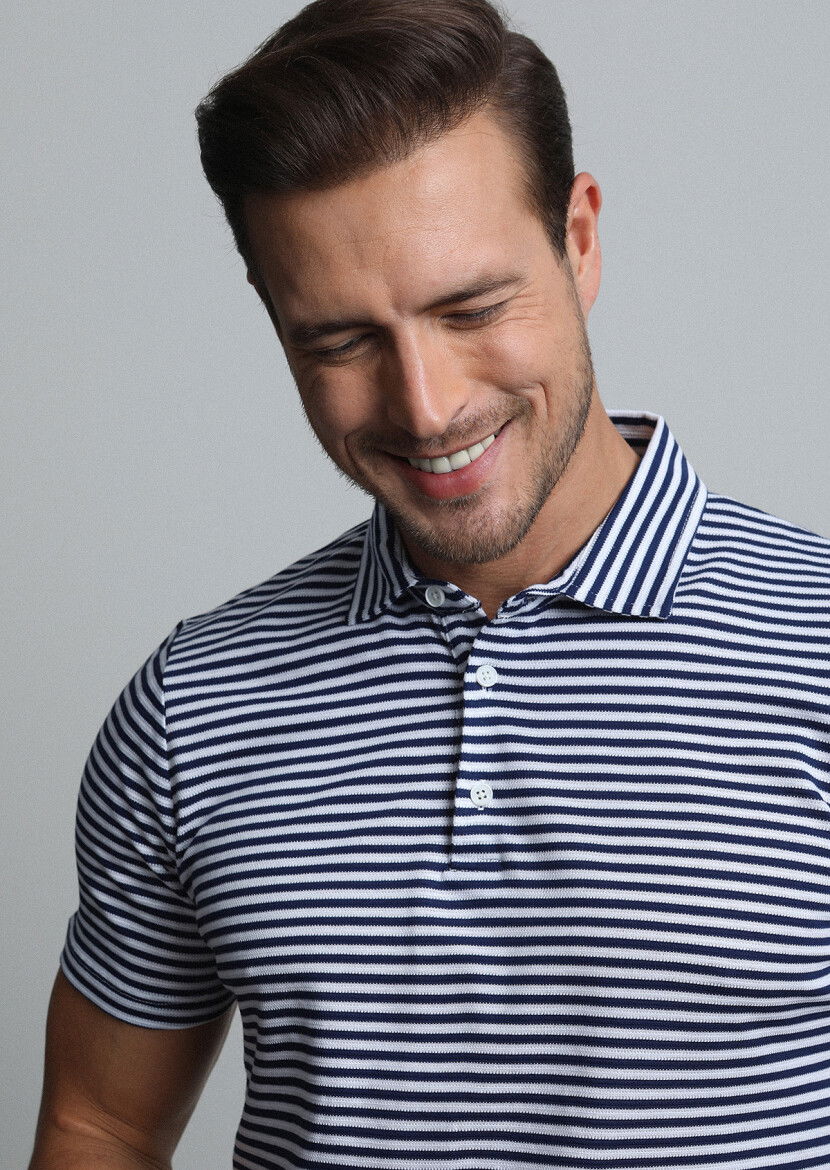 Lacivert Çizgili Polo Yaka %100 Pamuk T-Shirt 