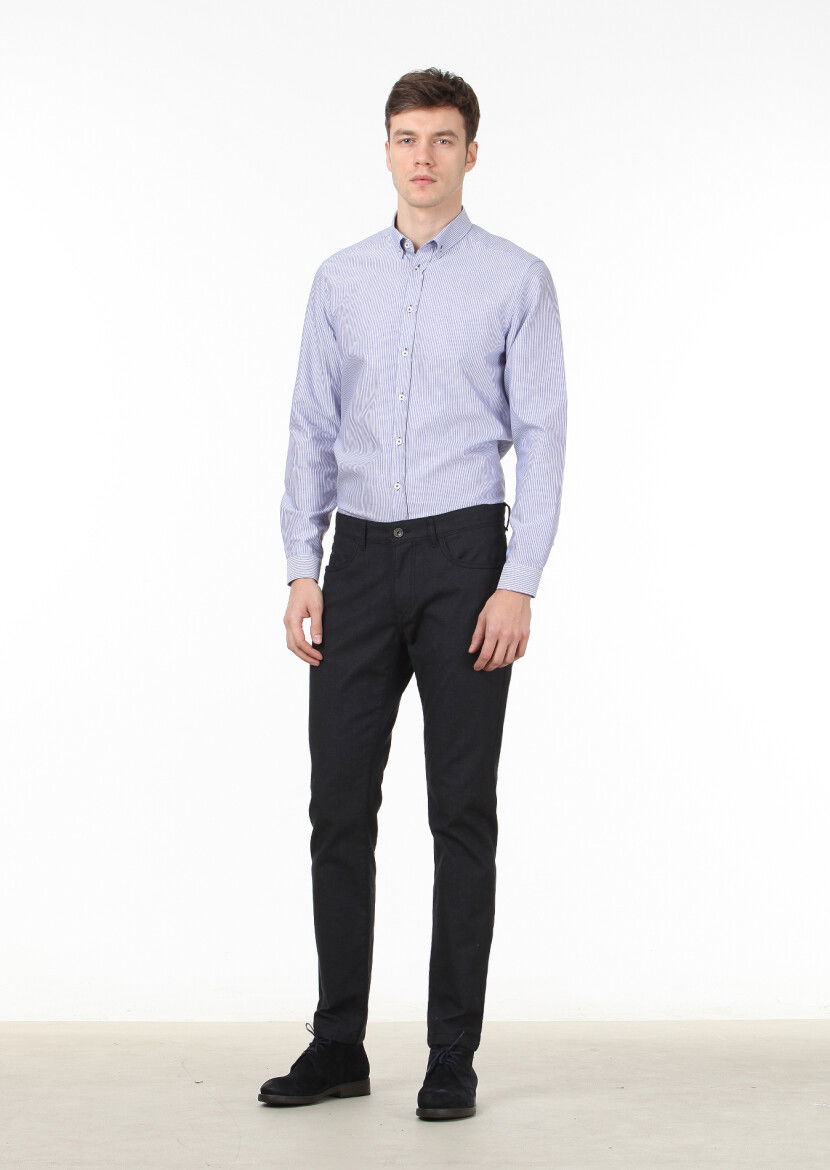 Lacivert Çizgili Regular Fit Dokuma Casual %100 Pamuk Gömlek - 2