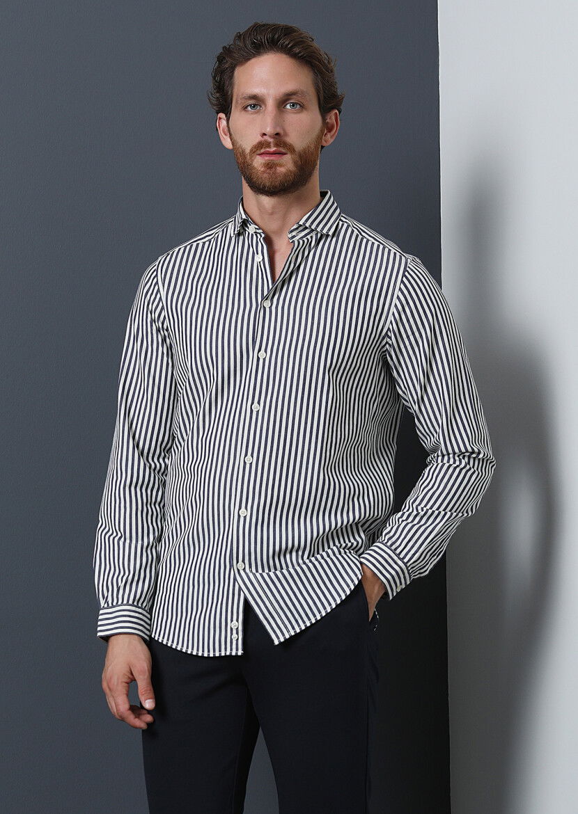 Lacivert Çizgili Regular Fit Dokuma Casual %100 Pamuk Gömlek - 1