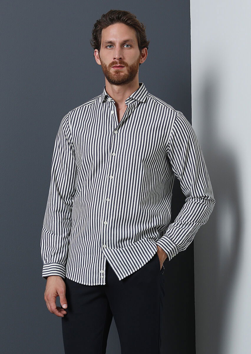 Lacivert Çizgili Regular Fit Dokuma Casual %100 Pamuk Gömlek - 1