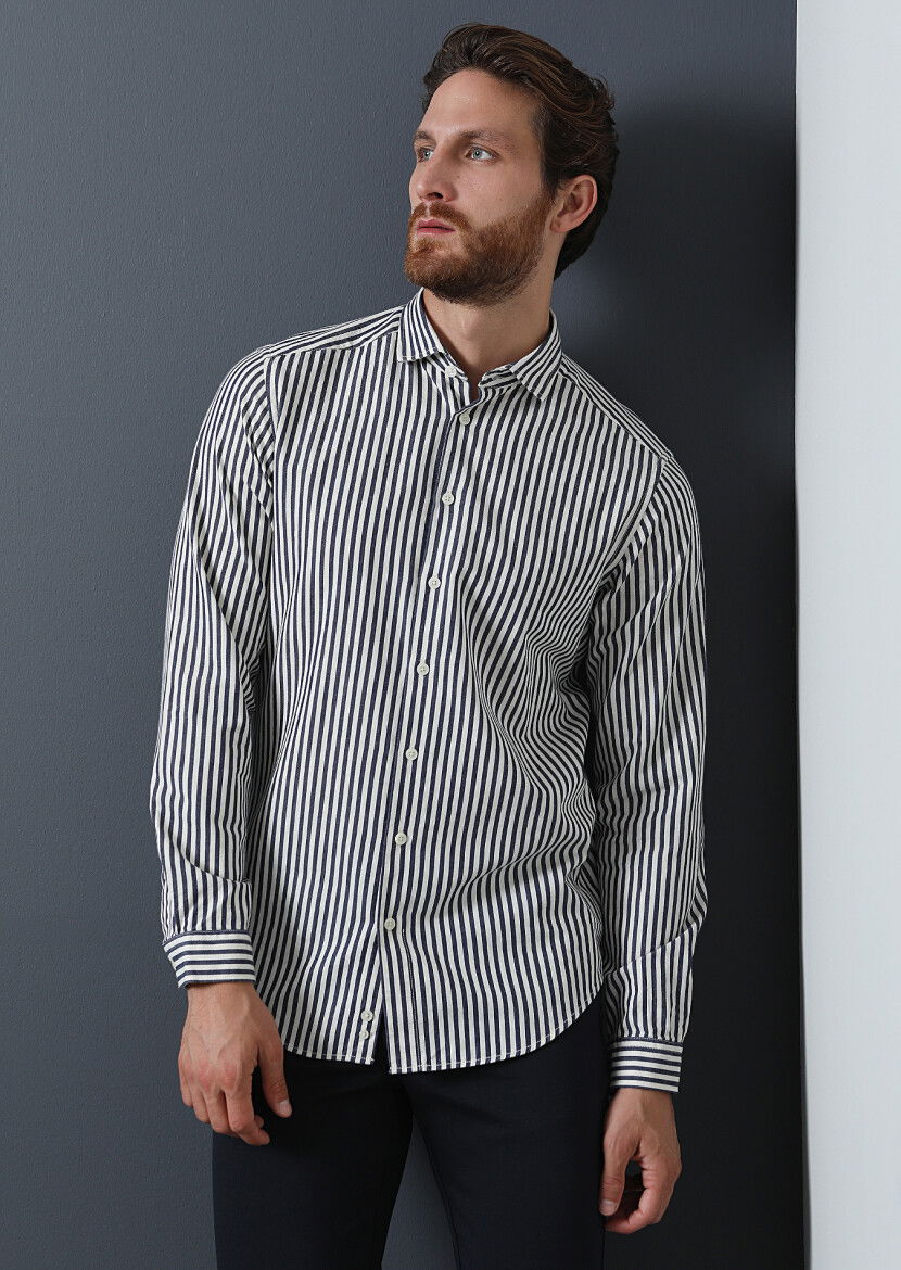 Lacivert Çizgili Regular Fit Dokuma Casual %100 Pamuk Gömlek - 2