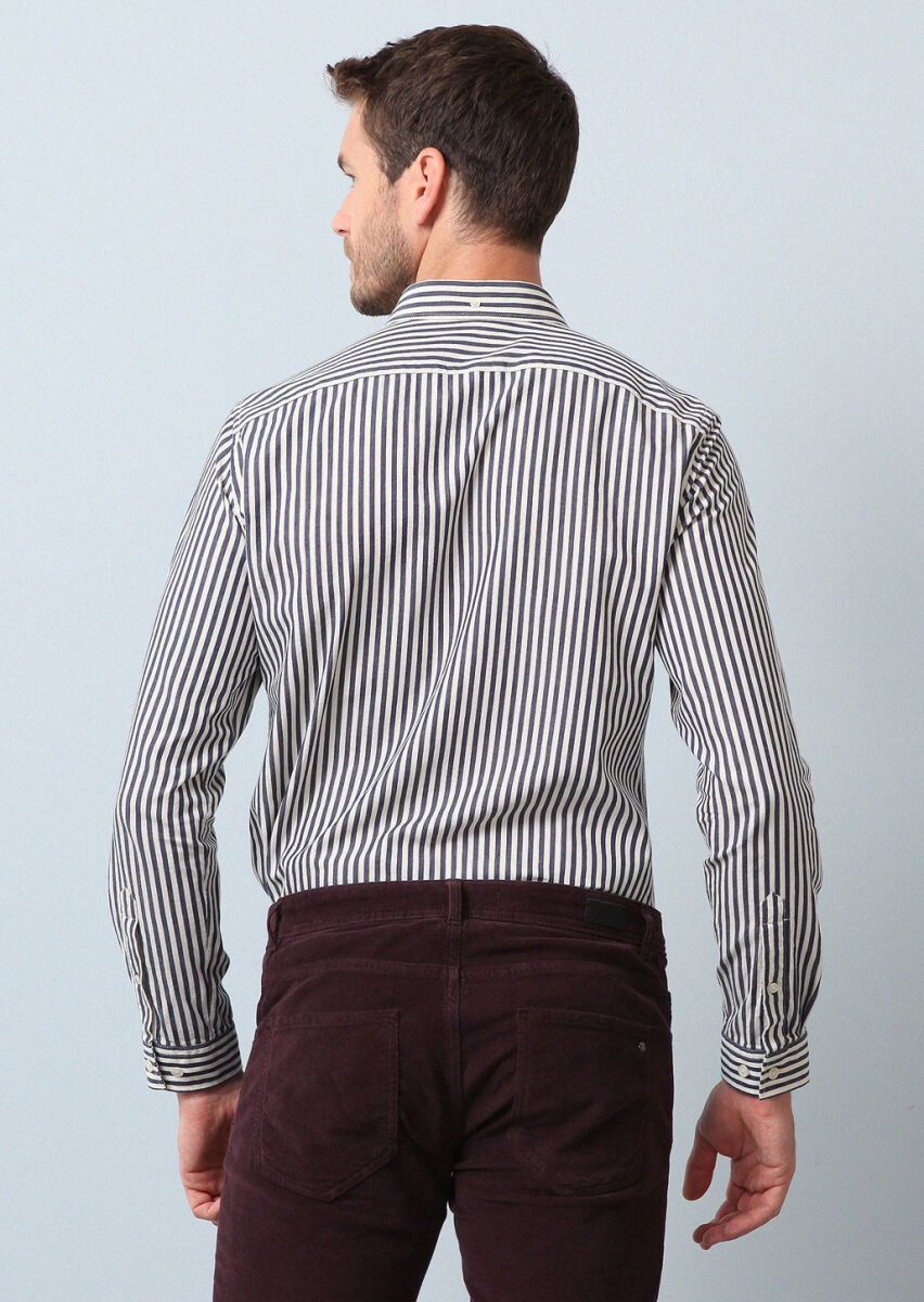 Lacivert Çizgili Regular Fit Dokuma Casual %100 Pamuk Gömlek - 5