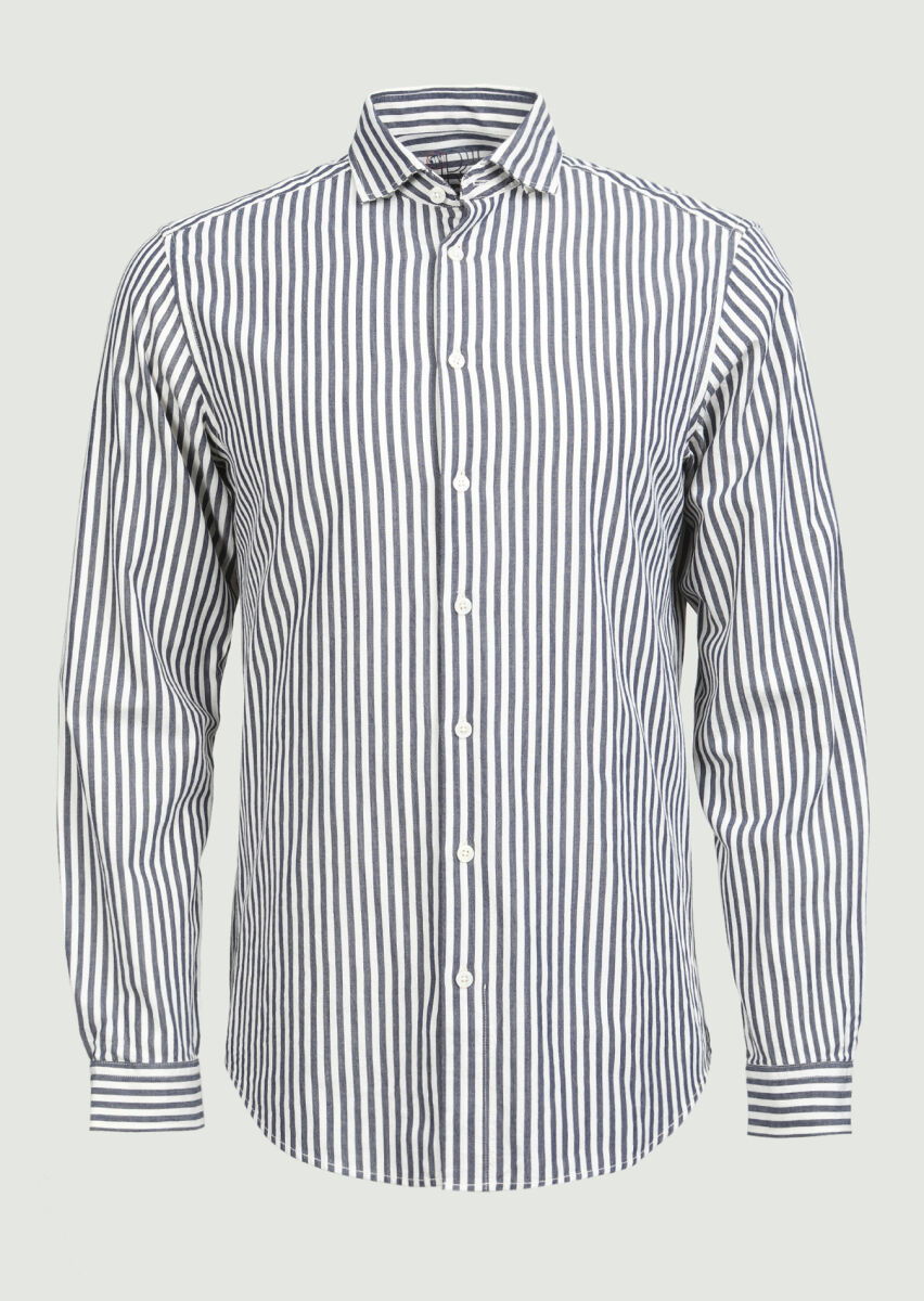 Lacivert Çizgili Regular Fit Dokuma Casual %100 Pamuk Gömlek - 6