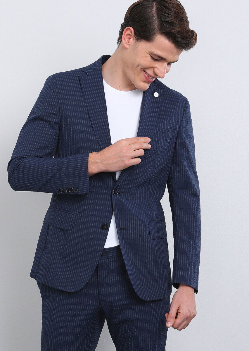 Lacivert Çizgili Shirt Shoulder Slim Fit Pamuk Karışımlı Takım Elbise - 4