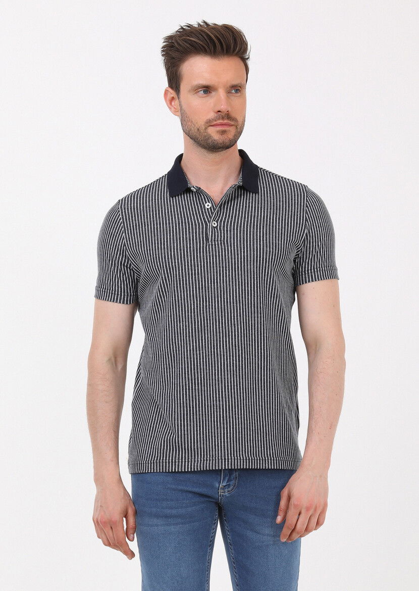 Lacivert Çizgili Slim Fit Casual %100 Pamuk Gömlek - 3