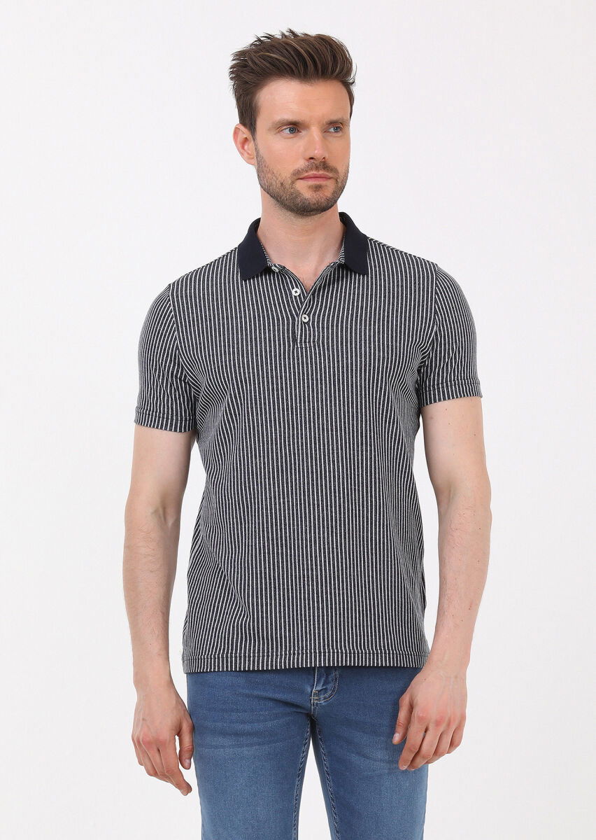 Lacivert Çizgili Slim Fit Casual %100 Pamuk Gömlek - 3