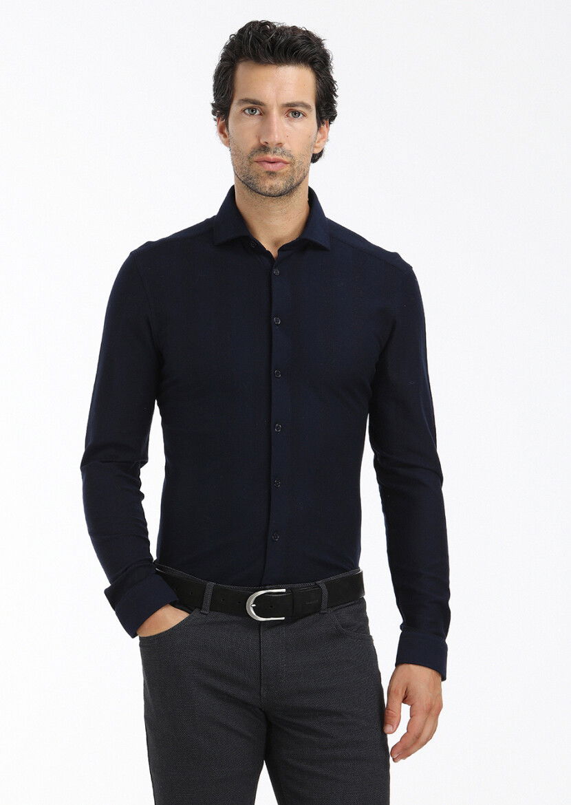 Lacivert Çizgili Slim Fit Casual %100 Pamuk Gömlek - 3