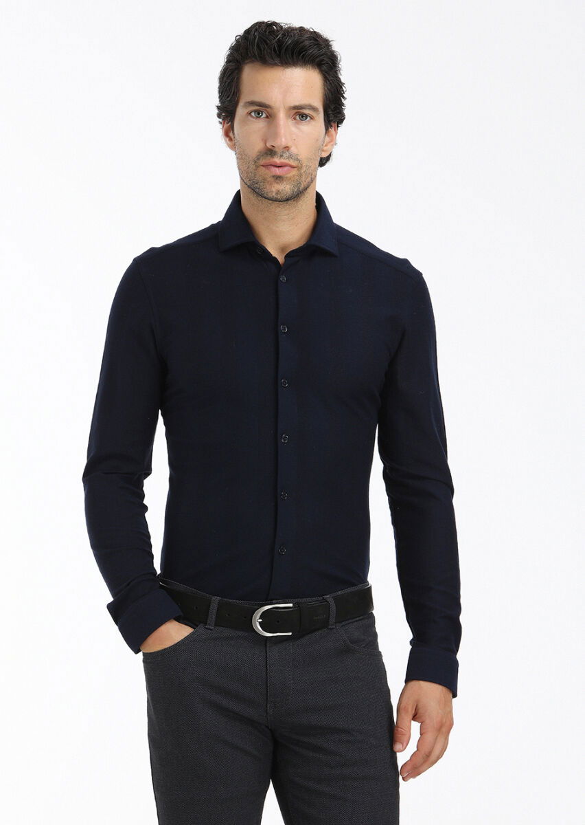 Lacivert Çizgili Slim Fit Casual %100 Pamuk Gömlek - 3