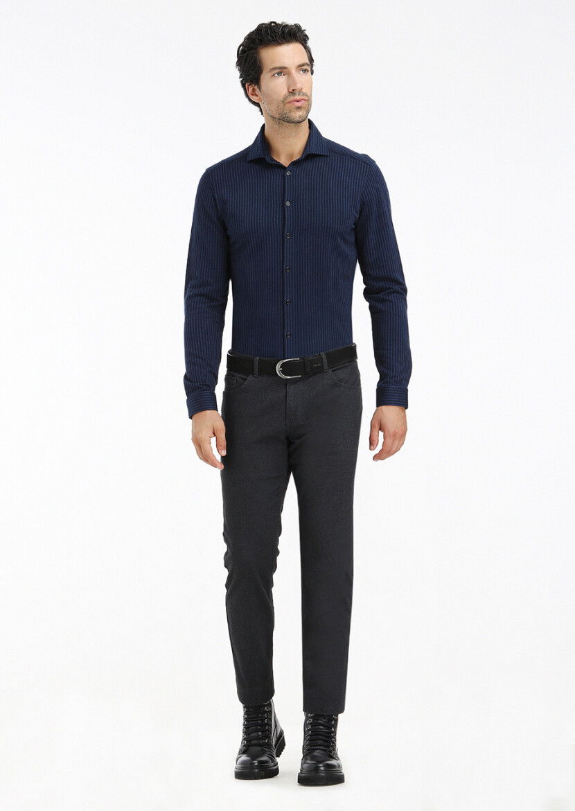 Lacivert Çizgili Slim Fit Casual %100 Pamuk Gömlek - 1
