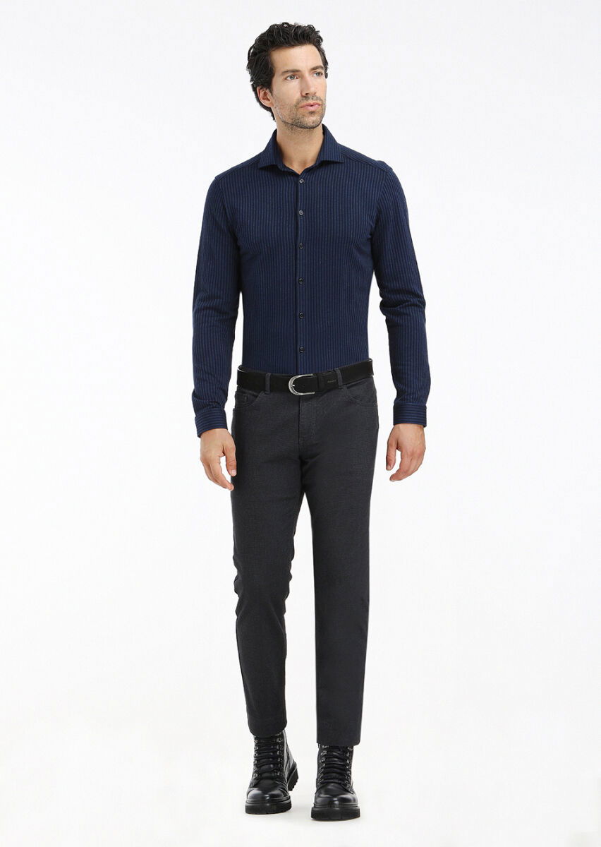 Lacivert Çizgili Slim Fit Casual %100 Pamuk Gömlek - 1
