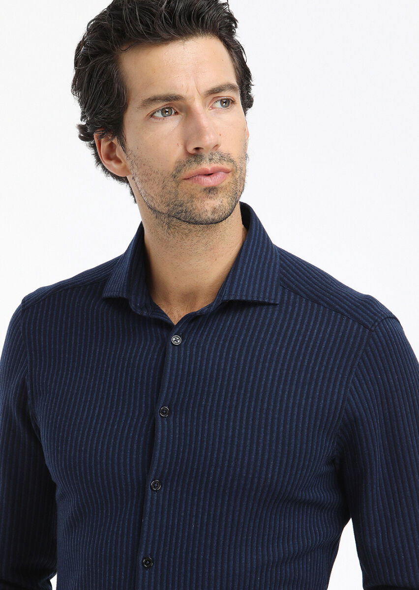 Lacivert Çizgili Slim Fit Casual %100 Pamuk Gömlek - 3