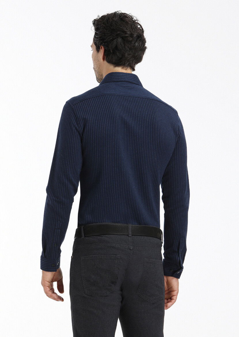 Lacivert Çizgili Slim Fit Casual %100 Pamuk Gömlek - 4