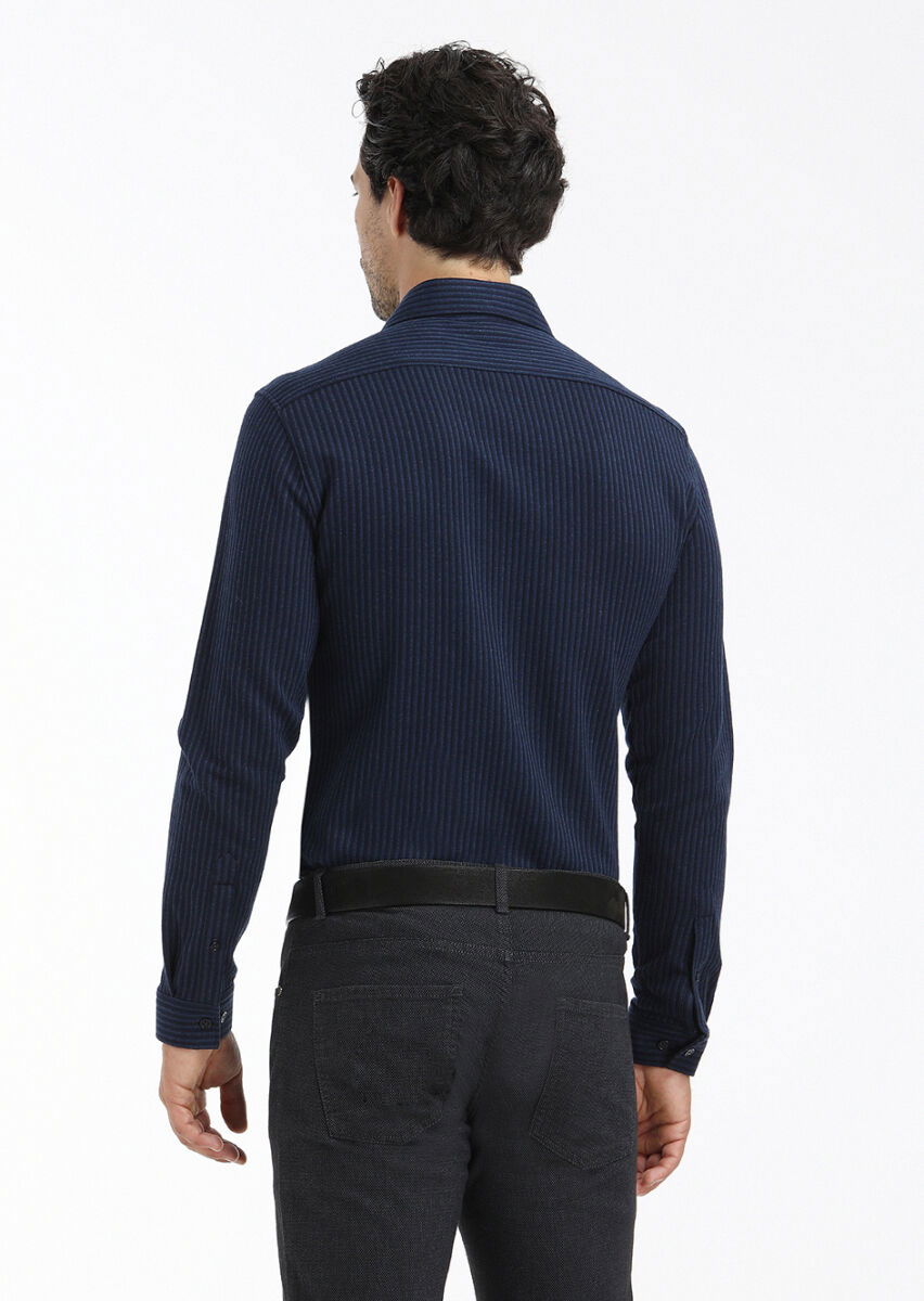 Lacivert Çizgili Slim Fit Casual %100 Pamuk Gömlek - 4