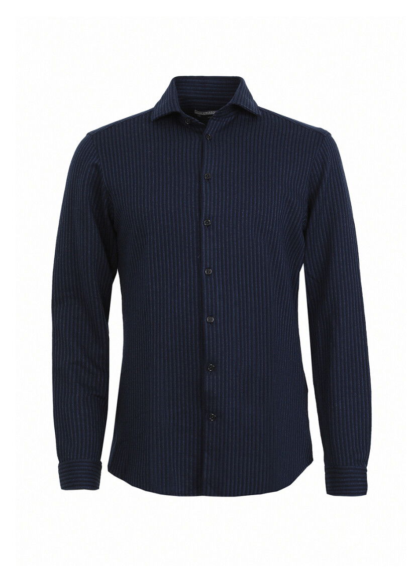 Lacivert Çizgili Slim Fit Casual %100 Pamuk Gömlek - 5
