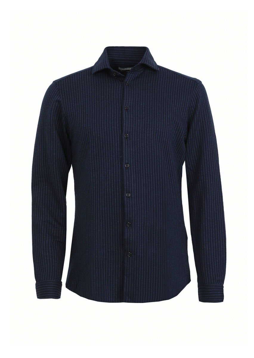 Lacivert Çizgili Slim Fit Casual %100 Pamuk Gömlek - 5