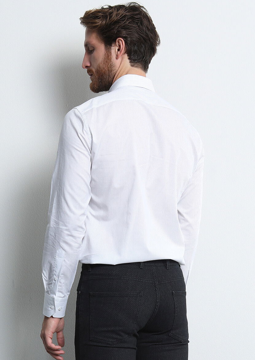 Lacivert Çizgili Slim Fit Dokuma Klasik %100 Pamuk Gömlek - 5