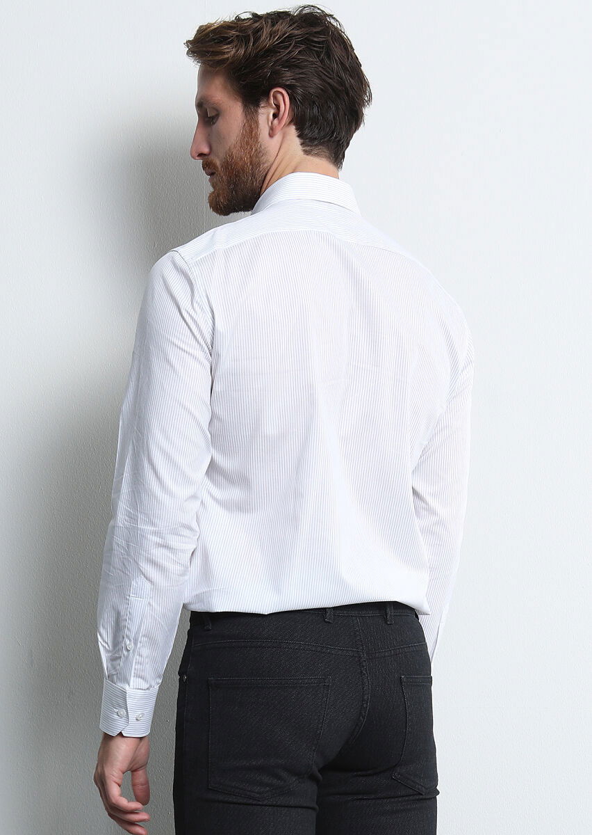 Lacivert Çizgili Slim Fit Dokuma Klasik %100 Pamuk Gömlek - 5