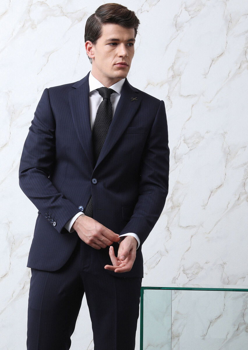 Lacivert Çizgili Thin&taller Slim Fit %100 Yün Takım Elbise - 2