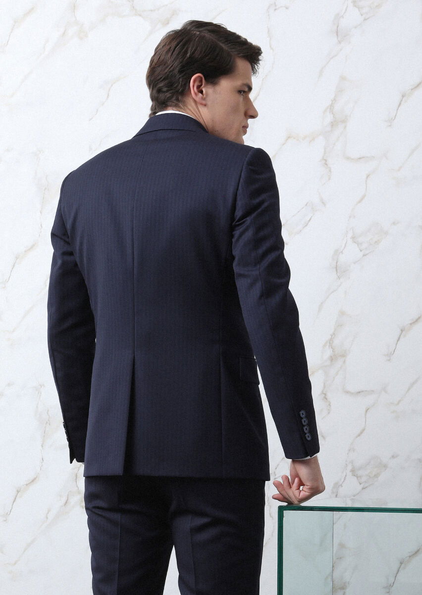 Lacivert Çizgili Thin&taller Slim Fit %100 Yün Takım Elbise - 5